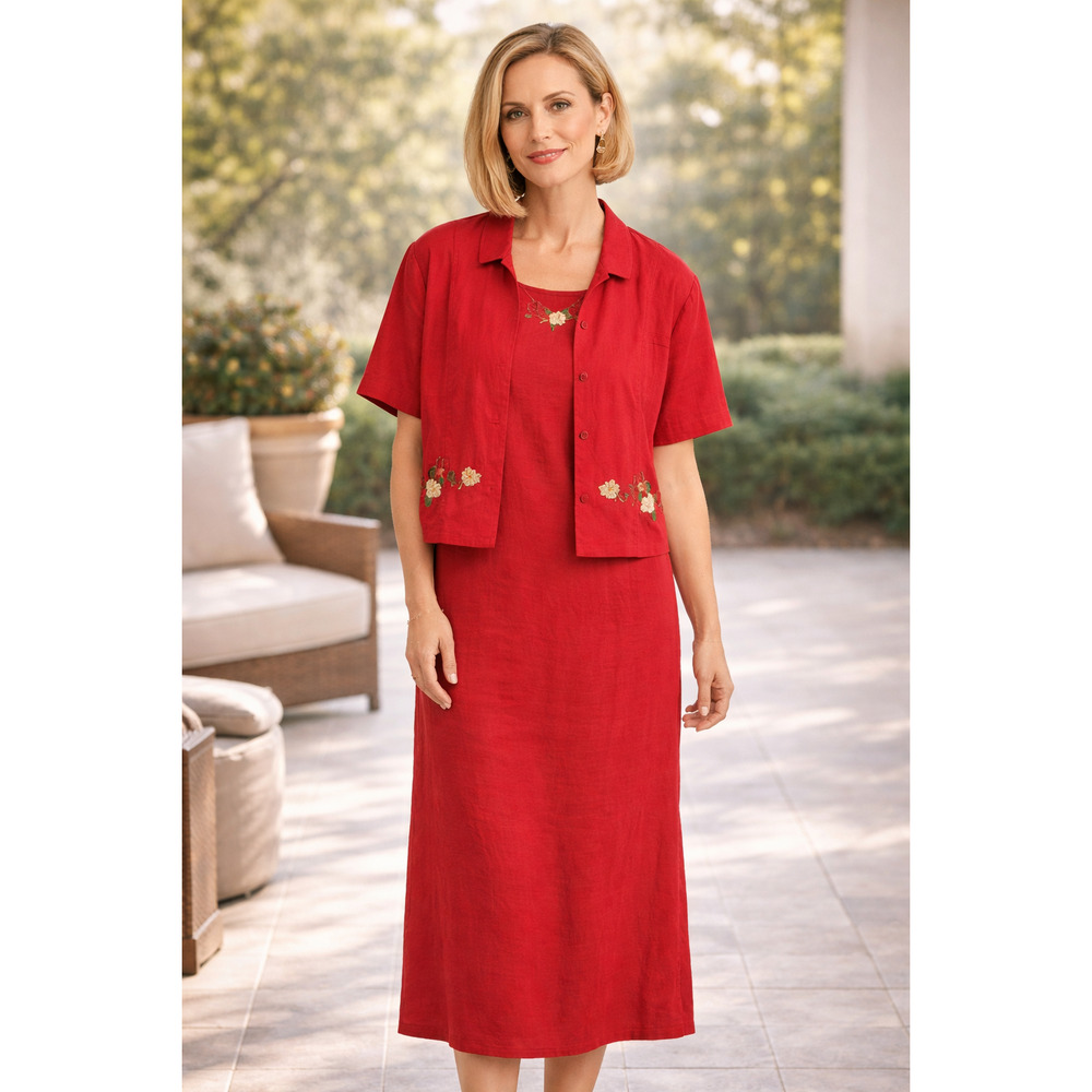 Vintage MHM Petite Red Embroidered Sleeveless Midi Dress with Blazer Dress Set